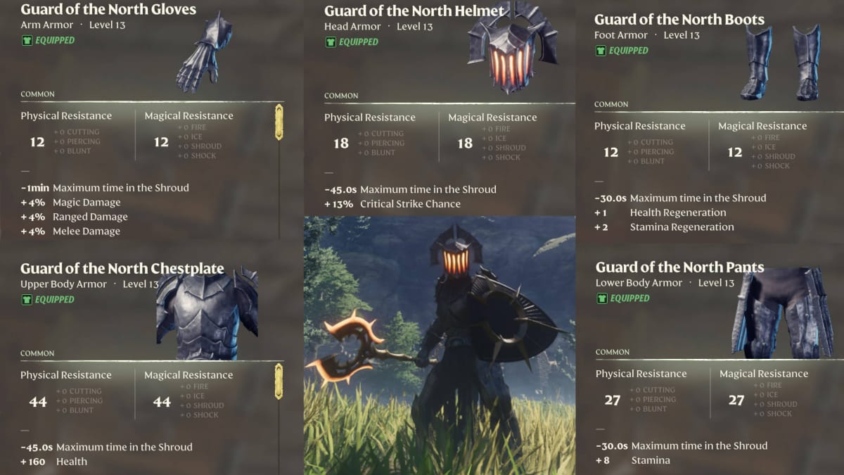 An Enshrouded Character Wearing Full Guard of the North Armor with the Set Stats Placed Around Them