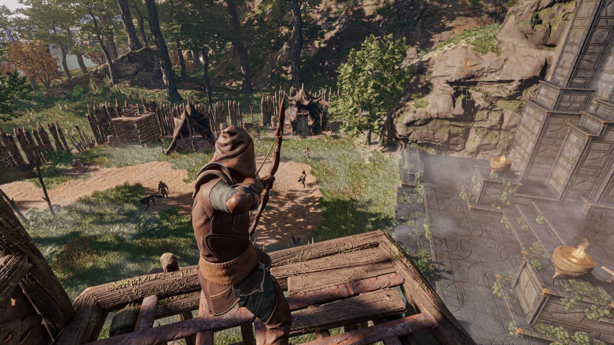 A player aims a bow at enemies from a high wooden tower in Enshrouded