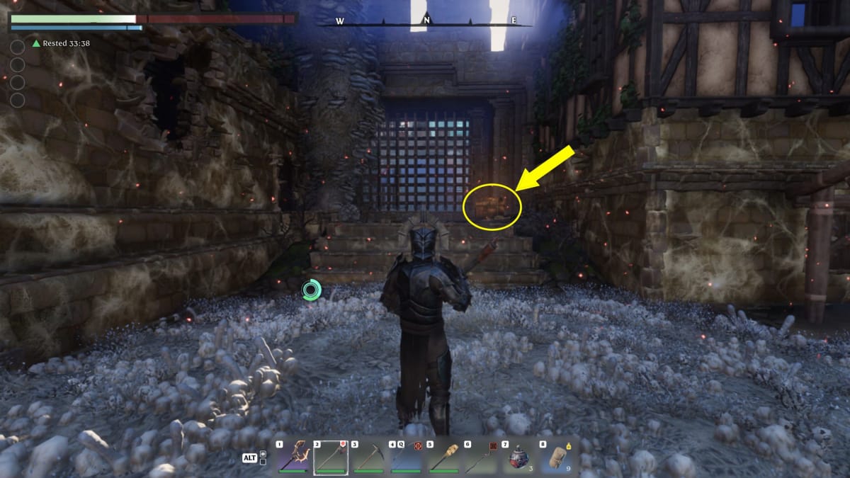 Where to find the Enshrouded Guard of the North Gloves - Arrows Pointing to a Chest Next to a Gate