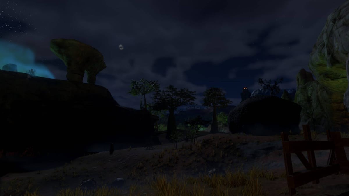 Enshrouded Map Guide - Ancient Spire in the Distance of the Nomad Highlands at Night