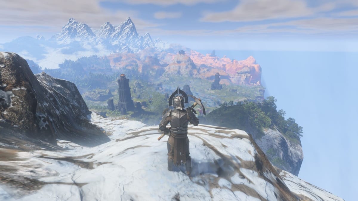 Image of an Enshrouded Character at the top of a mountain, overlooking the world