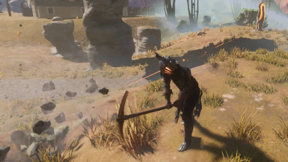 The player character digging up Dirt in Enshrouded