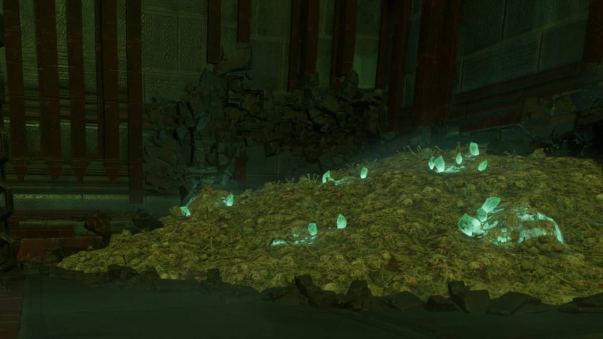 Ectoplasm Fragment in a Bone Pile in Enshrouded's Hollow Halls dungeons