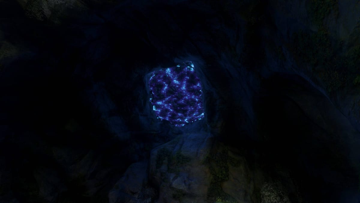 Luminous Growth in the ceiling of a cave in Enshrouded
