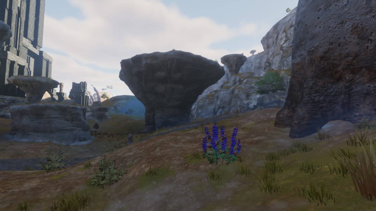 Sage Leaves on the ground in the Nomad Highlands with odd-shaped cliffs in the background in Enshrouded