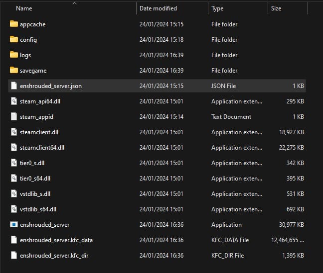 The contents of the "EnshroudedServer" folder, highlighting the enshrouded_server.json file.