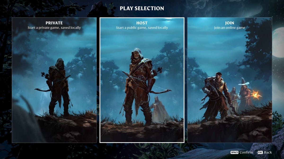 The play menu, showing offline and online modes.