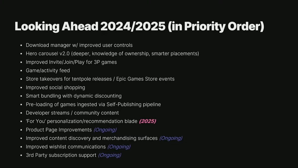 Epic Games Store -  roadmap of future improvements.