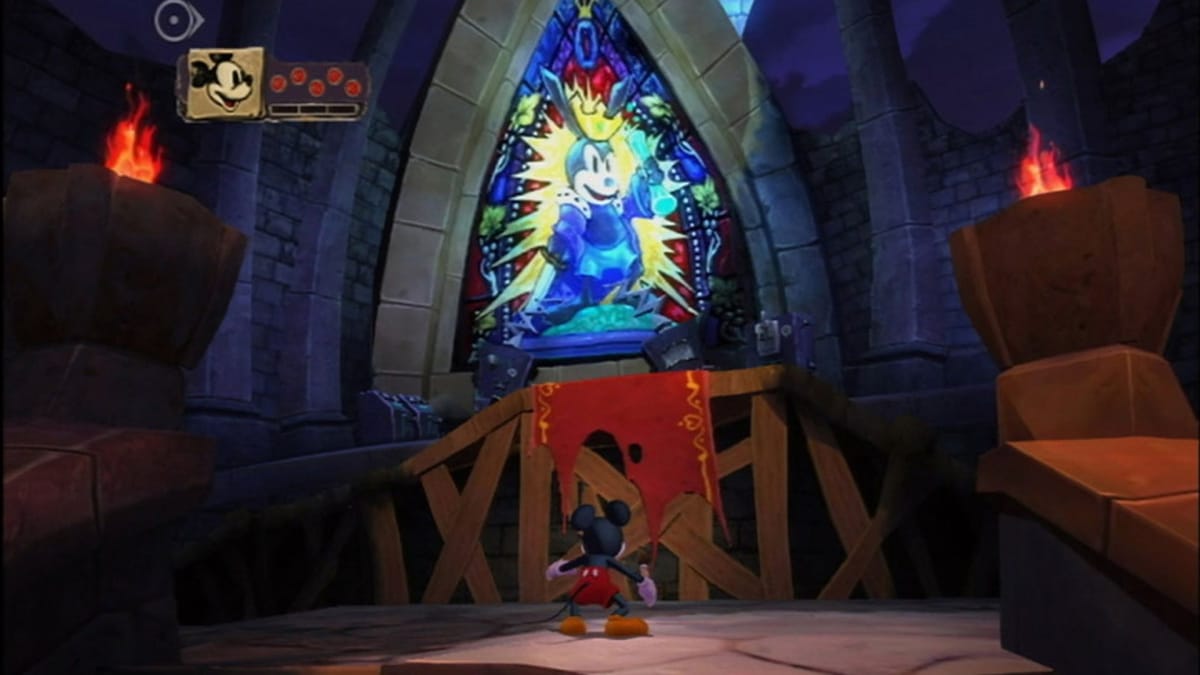 Mickey can be seen standing in front of a creepy stained glass window