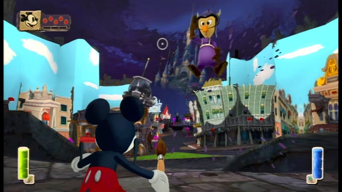 Mickey can be seen standing in front of a street