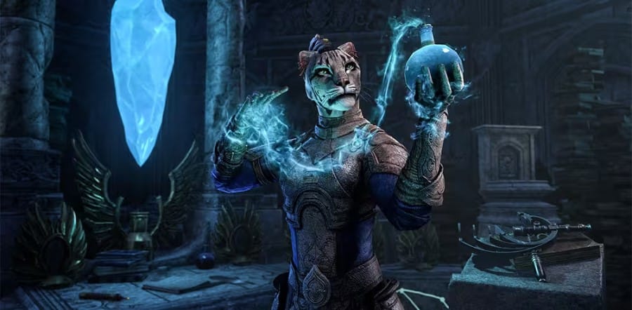 Artwork of a Khajiit magically infusing a vial with magic as seen from the ESO 2024 event