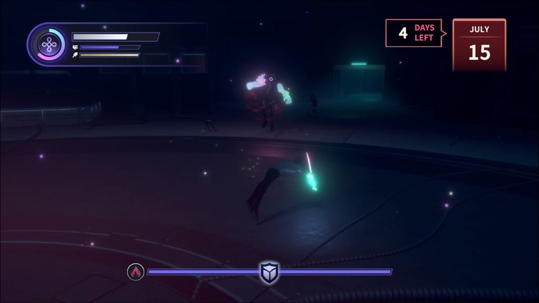 The hero fighting a boss monster with large glowing arms from the game Eternights