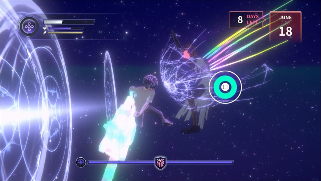 The hero slashing through a monster's shield with an energy chainsaw from the game Eternights