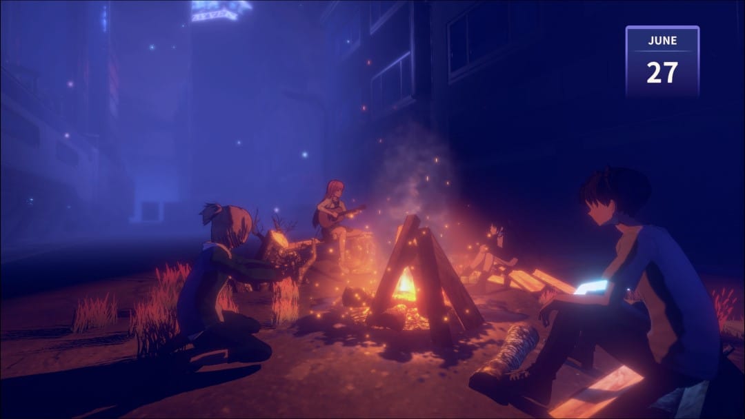 A group of young adults around a roaring campfire in the middle of an abandoned city from the game Eternights