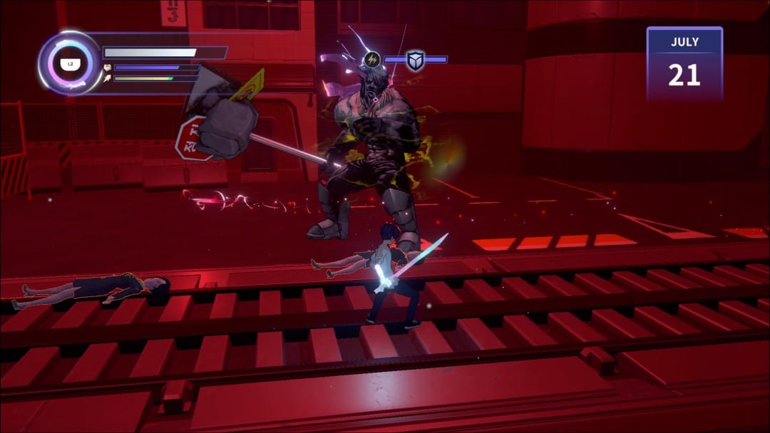 The hero fighting a large ogre wielding a maul made out of rebar from the game Eternights