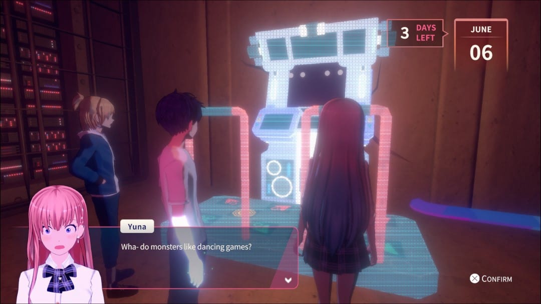 Yuna, Sia, and the hero looking at a glowing arcade dance machine from the game Eternights