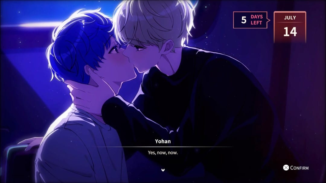 A screenshot of a cutscene with the hero and Yohan kissing from the game Eternights