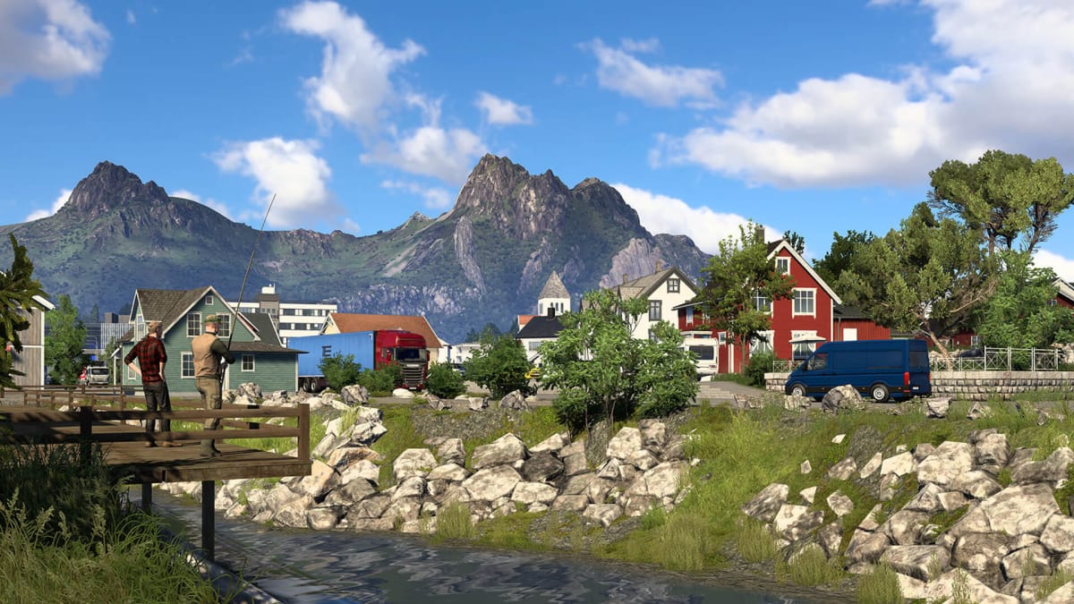 A picturesque Nordic town with fishermen and beautiful mountains in the background in the new Euro Truck Simulator 2 Nordic Horizons DLC