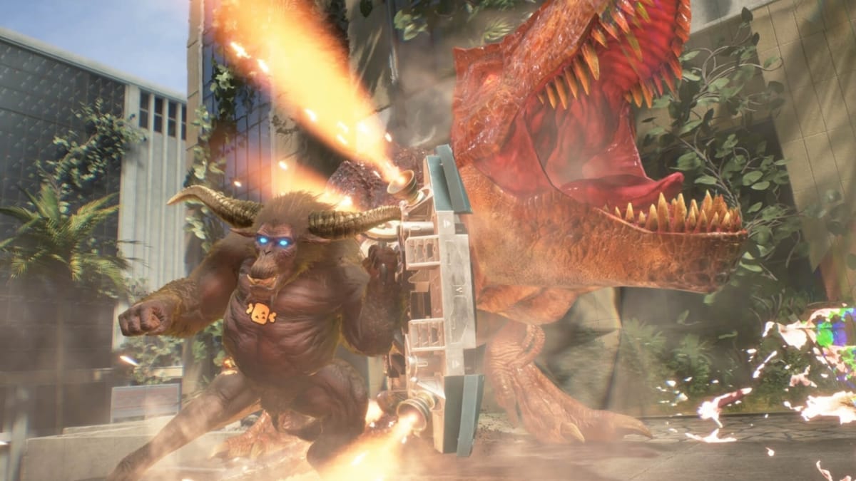 The Rajang cosmetic posing next to a dinosaur in the Exoprimal Monster Hunter crossover