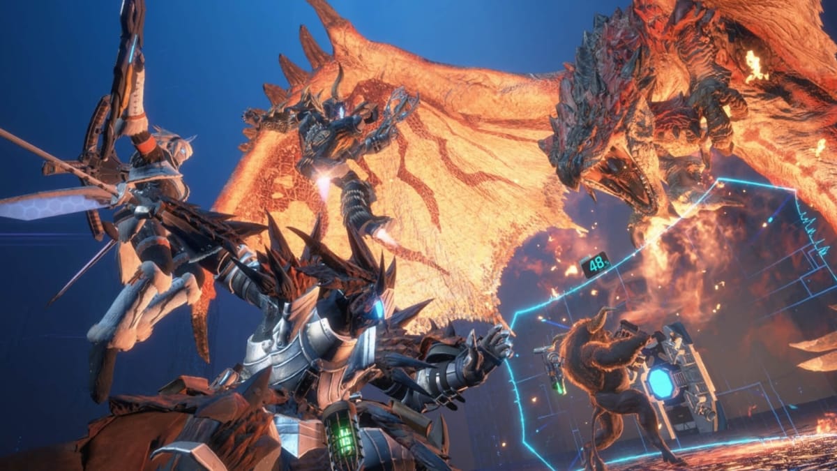 A team of players taking on Rathalos in the Exoprimal Monster Hunter crossover