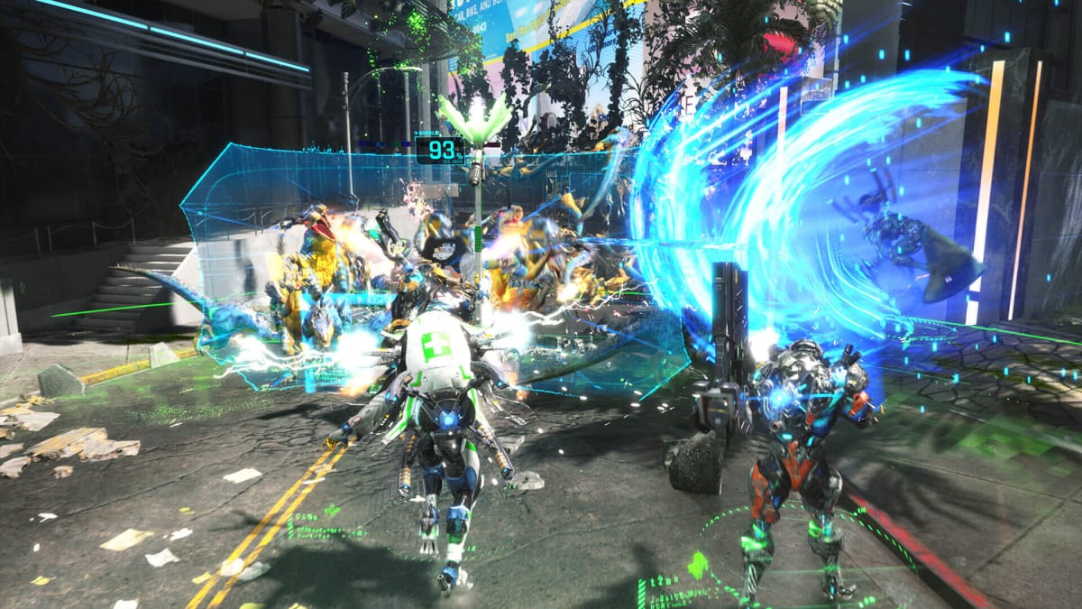 Players battling a horde of dinos in a chaotic battle scene in Exoprimal
