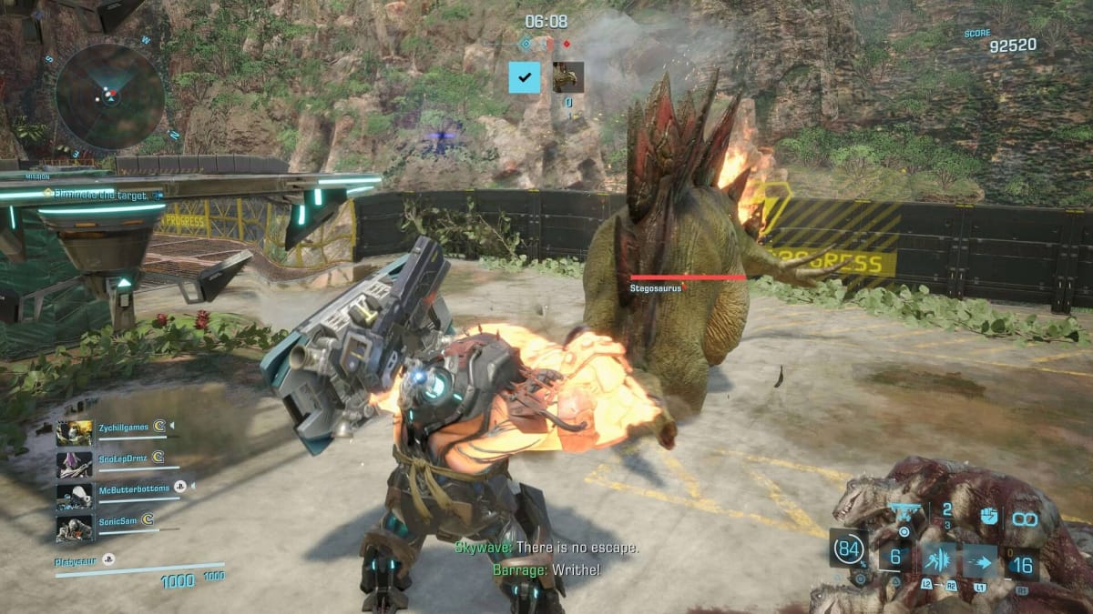 A player battles a stegosaurus in Exoprimal.