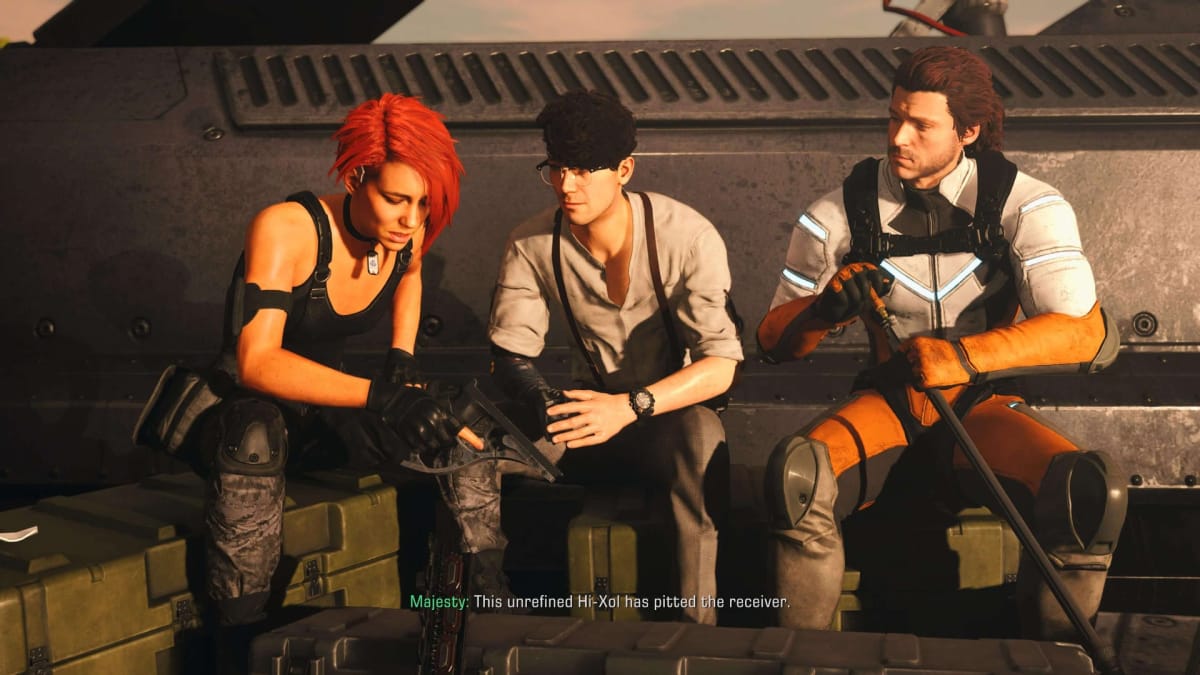 A cutscene featuring several characters in Exoprimal.
