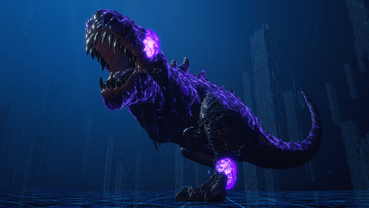 A giant purple T.rex-style dinosaur roaring in Exoprimal Title Update 1