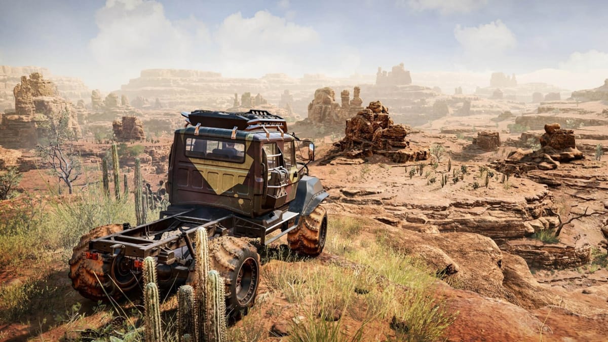 A truck looking out over a rocky landscape in Expeditions: A MudRunner Game