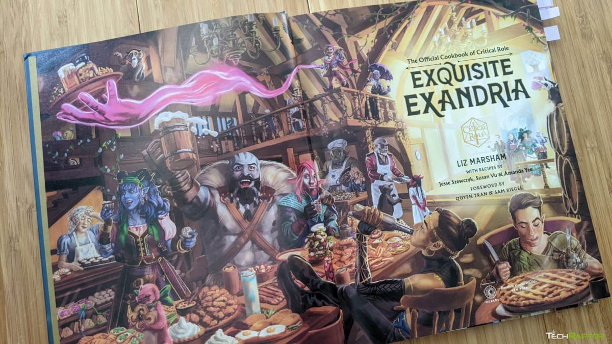 Various Critical Role characters eating in a tavern while the First Draught Book Club enter