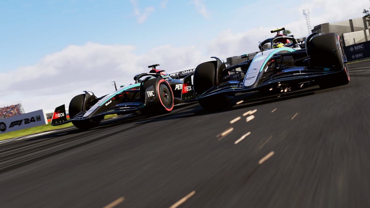 Two cars racing one another in F1 24
