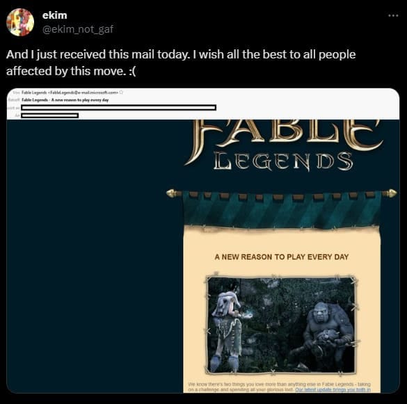 Image of an email from Fable legends in a tweet