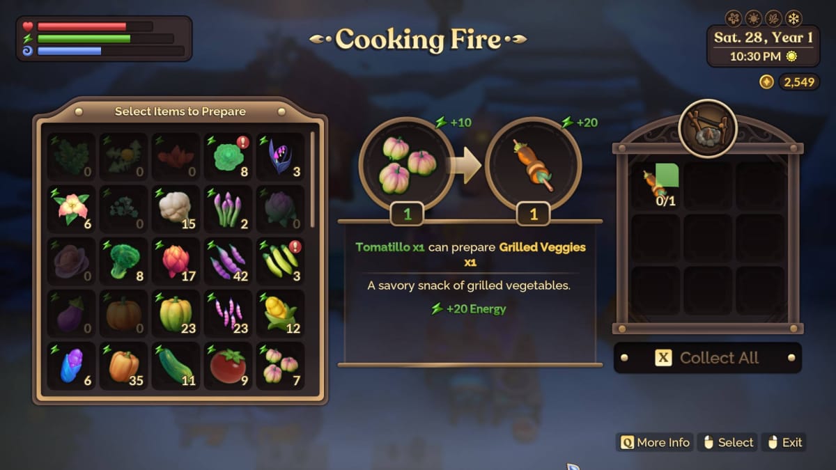 Fae Farm Cooking Guide - Making Grilled Veggies on the Cooking Fire
