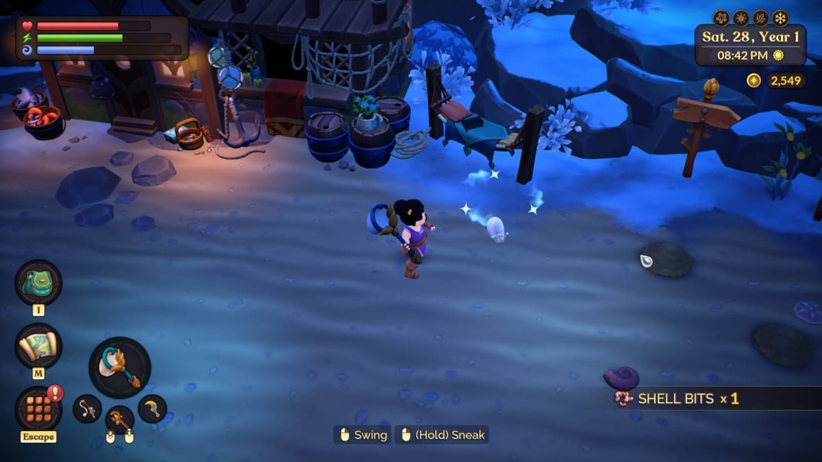 Fae Farm Critter Catching Guide - Catching a Snail on the Beach at Night in Winter