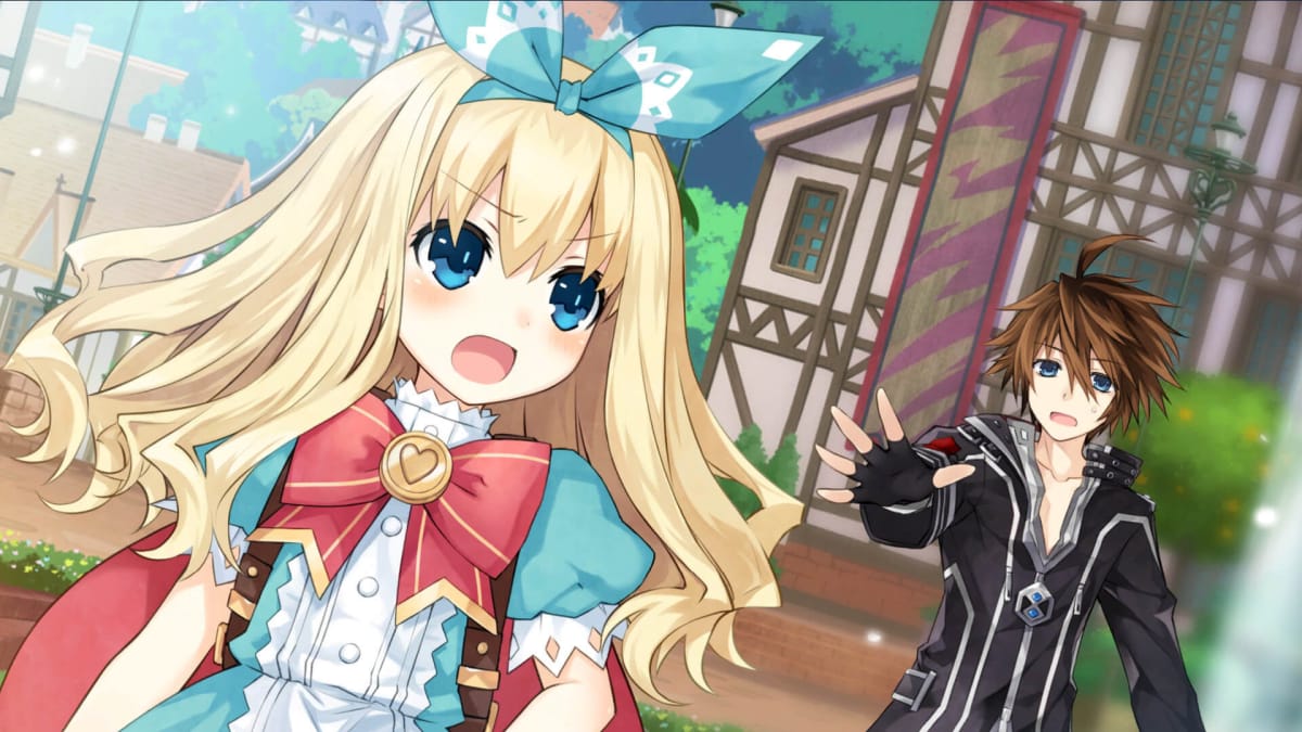 A blonde anime girl shouting while a brown-haired anime boy looks on in surprise in the Idea Factory game Fairy Fencer F Advent Dark Force