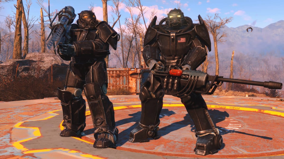 Two players wearing the X-02 power armor in Fallout 4