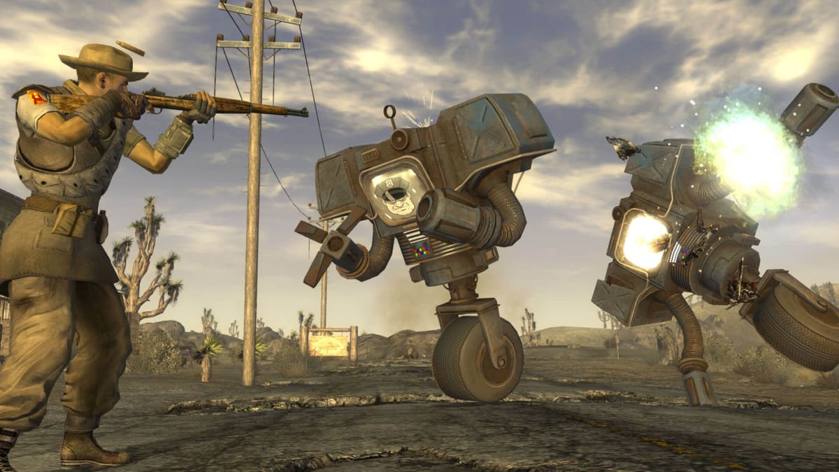 A character in a cowboy hat shooting at Securitron robots in Fallout: New Vegas