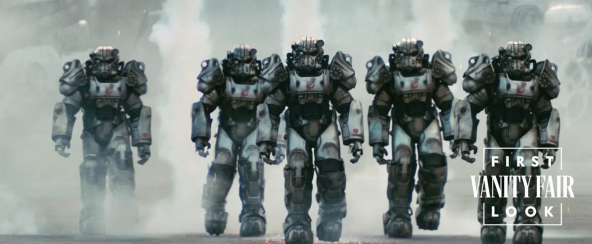 Several members of the Brotherhood of Steel walking menacingly towards the camera in the Fallout TV show, courtesy of Vanity Fair