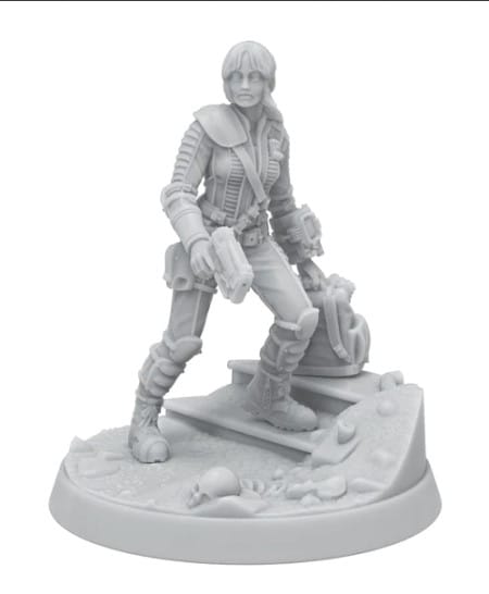Promotional screenshot of the Lucy miniature from the Fallout TV show miniatures set