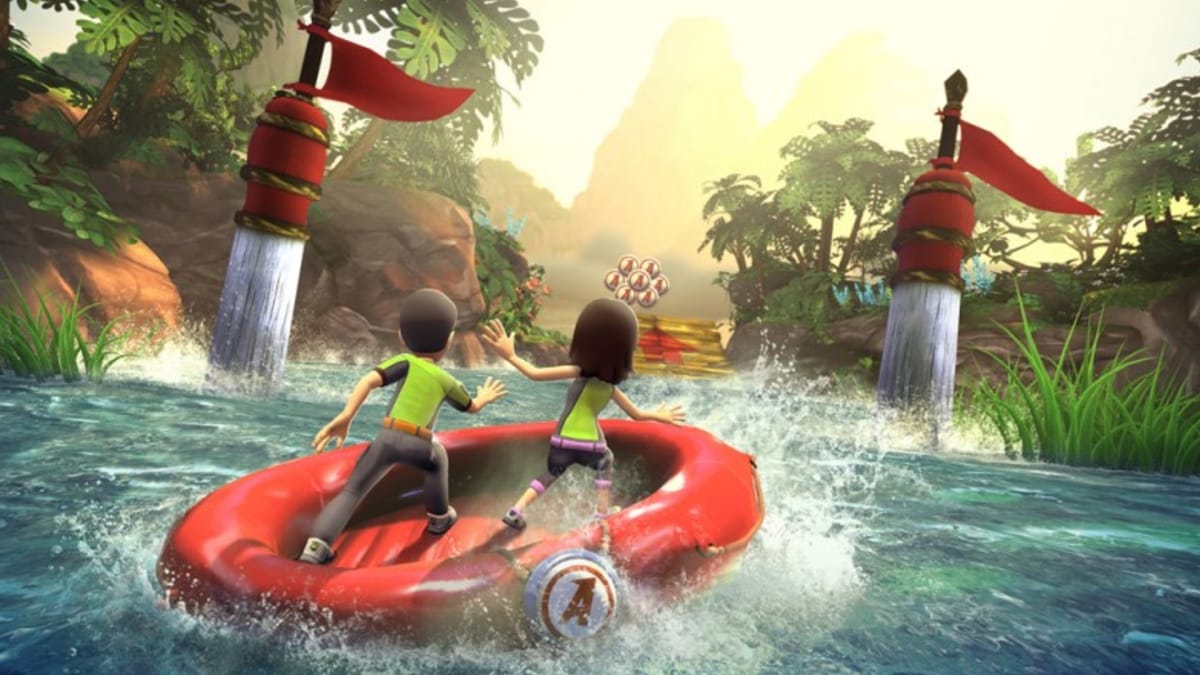Two players can be seen on a raft down a river in Kinect Adventures