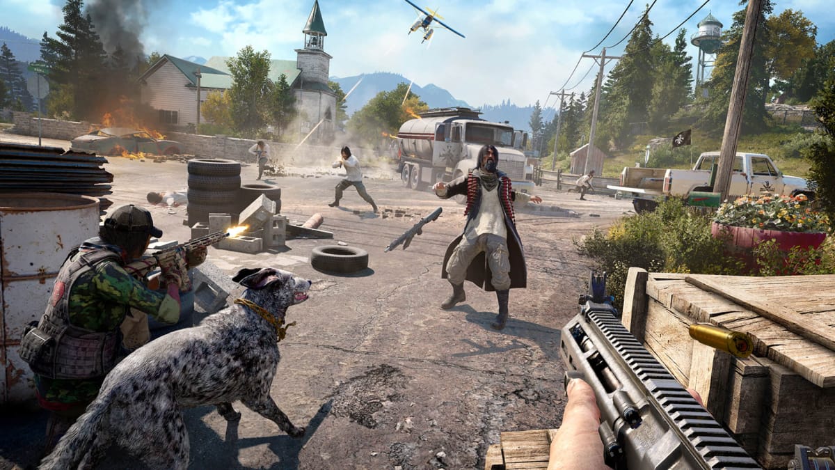 The player engaged in combat with enemies in Far Cry 5, a game on which Smilegate Barcelona studio director Stephane Blais worked