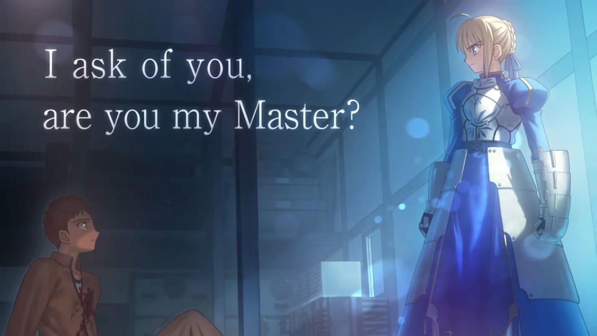 Shirou and Artoria Pendragon looking at one another with the text "I ask of you, are you my master?" in Fate/stay night Remastered