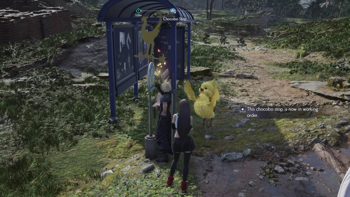 final fantasy vii rebirth cloud setting up a chocobo stop with baby chocobo chick