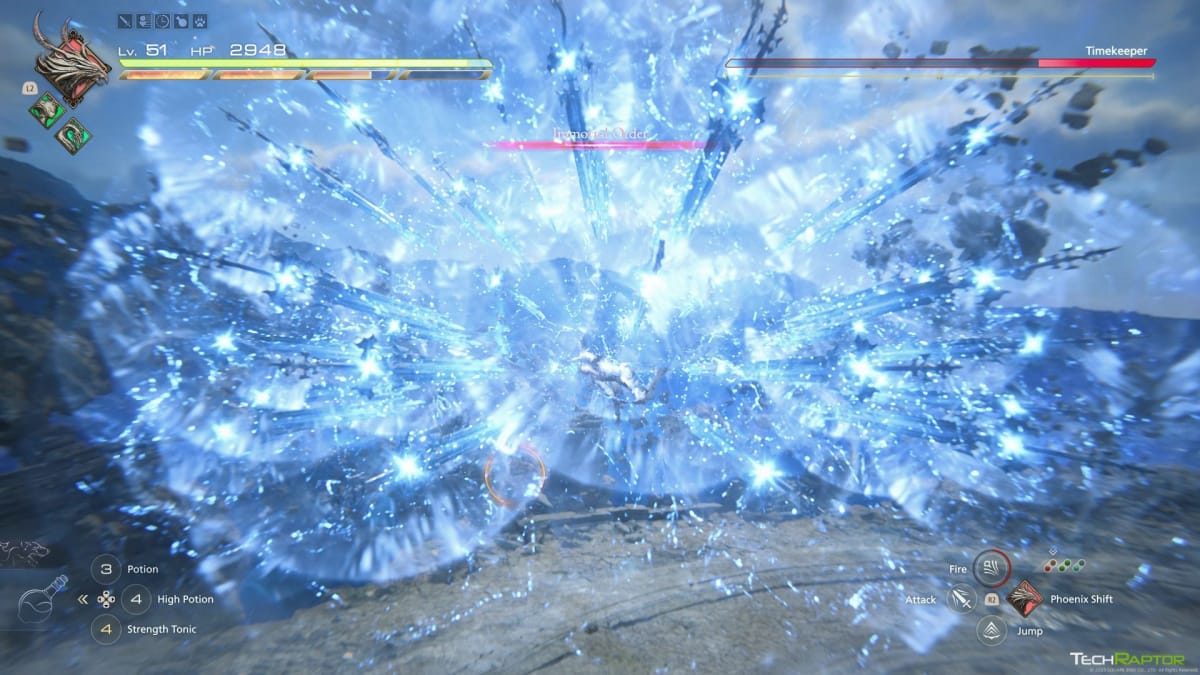 A clash against an ice knight in Final Fantasy XVI The Rising Tide