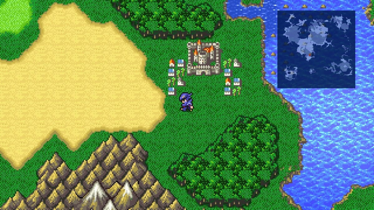 Cecil walking around outside a town in the Final Fantasy Pixel Remaster version of Final Fantasy IV