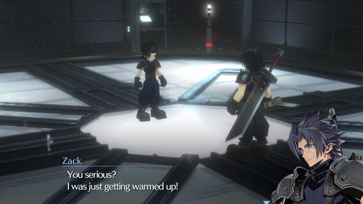 Zack saying "You serious? I was just getting warmed up!" to Angeal in Final Fantasy VII Ever Crisis