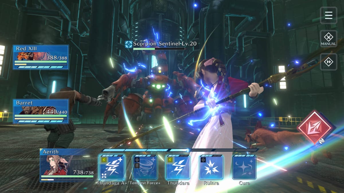 Aerith, Red XIII, and Barret battling the Scorpion Sentinel enemy in Final Fantasy VII Ever Crisis