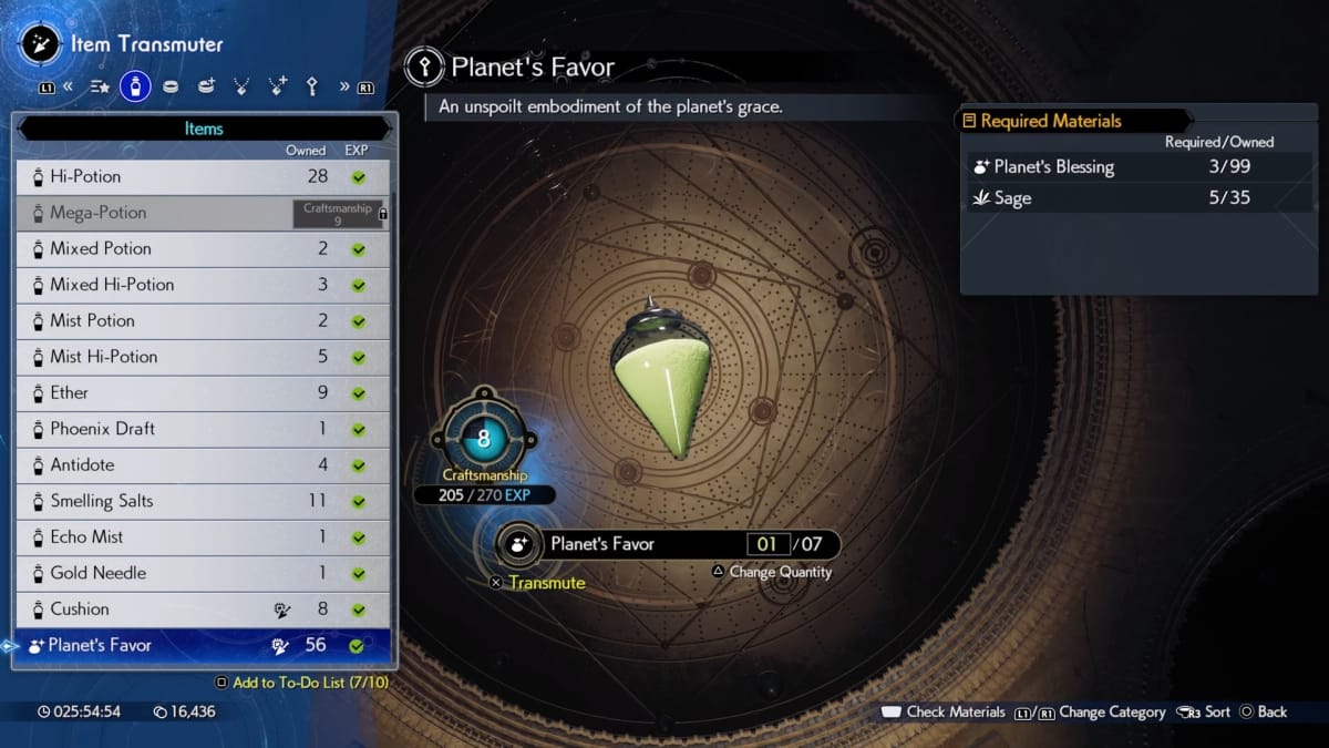 Transmutation screen for Planet's Favor in Final Fantasy VII Rebirth