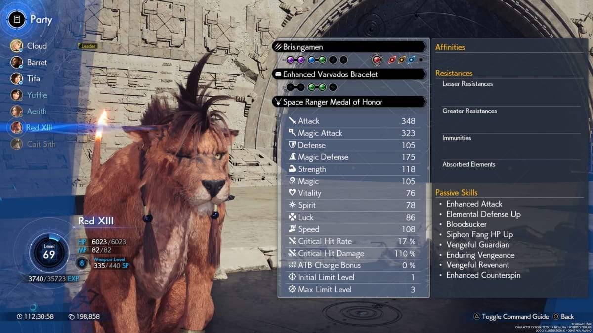 Image of the Party Member Screen - Red XIII FF7R