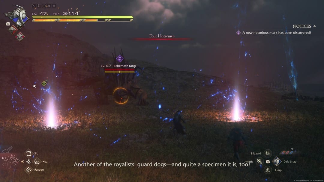 A screenshot from Final Fantasy XVI showing Clive fighting the Behemoth King